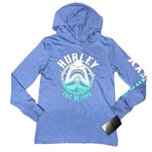 Hurley Blue Long Sleeve Hooded Shirt Boys Small Shark Logo White Green